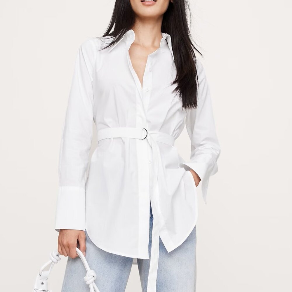 NWT Banana Republic White Cotton Poplin Belted Button-Up Tunic Top Shirt XS